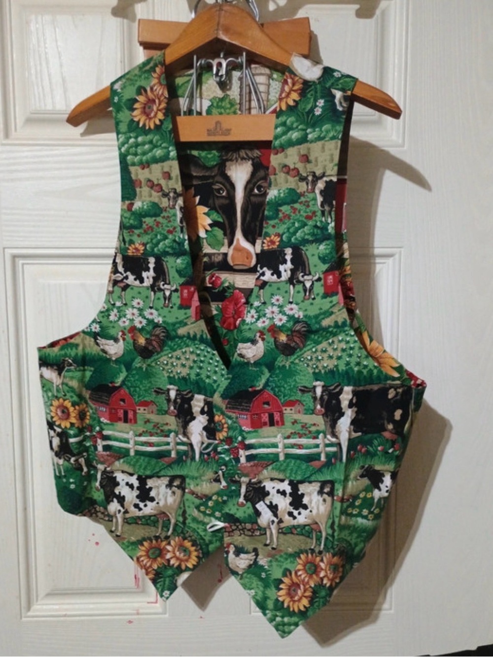 Farmyard Cows Vest in Green with Sunflowers other side Bright Red&Cows